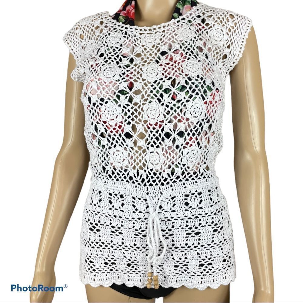 CROCHET floral white bathing swim suit cover up - Picture 1 of 4